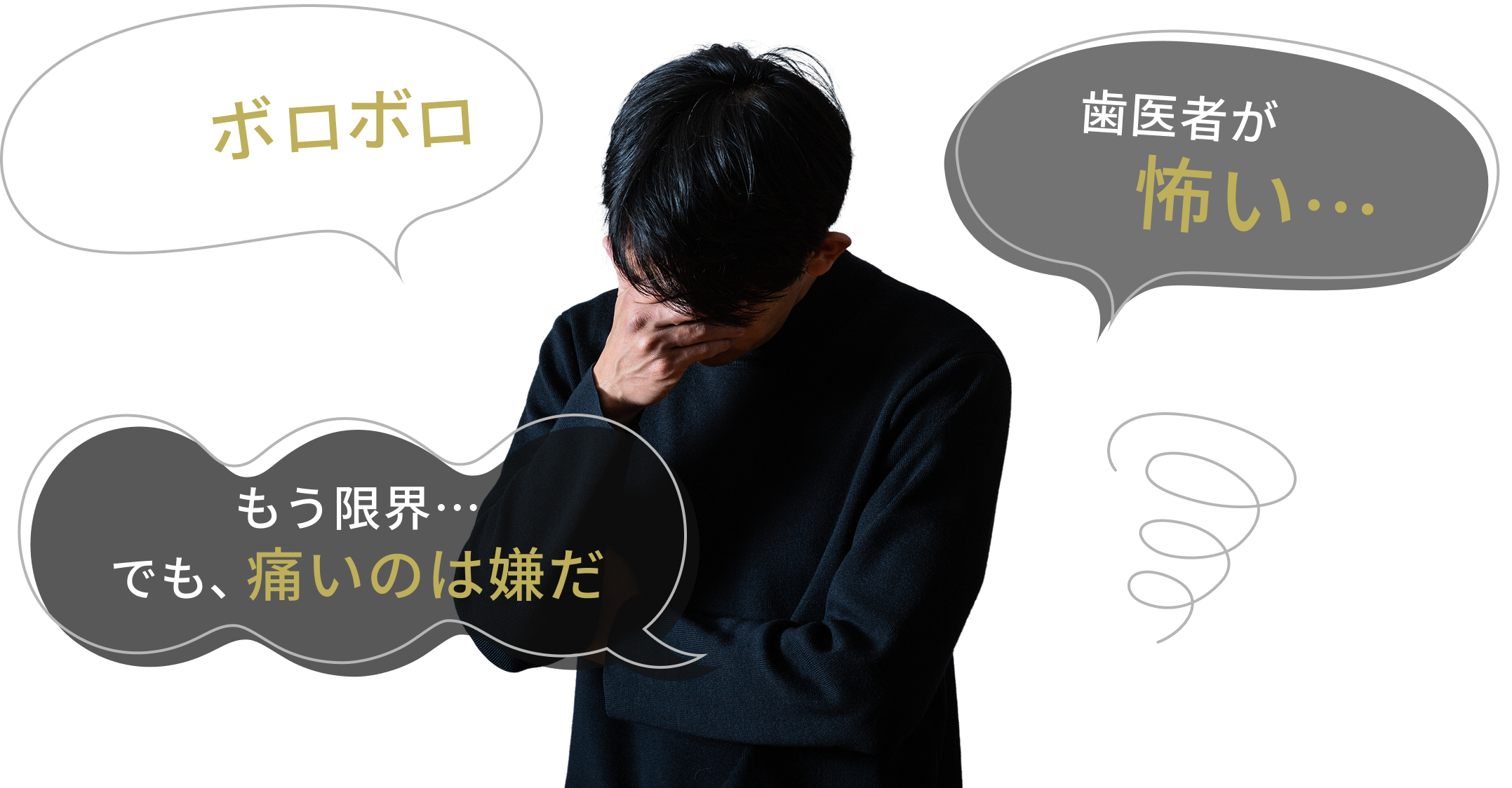 歯がボロボロ・歯医者が怖い・痛いのは嫌だ というお悩みイメージ